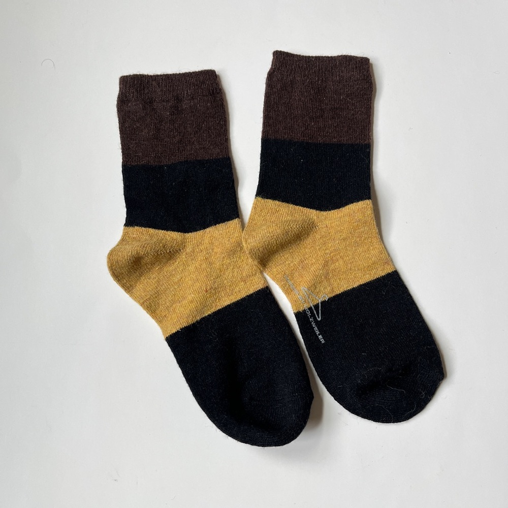 Hanger by Holzweiler Colorblock Crew Wool Socks in Brown, Black & Mustard
